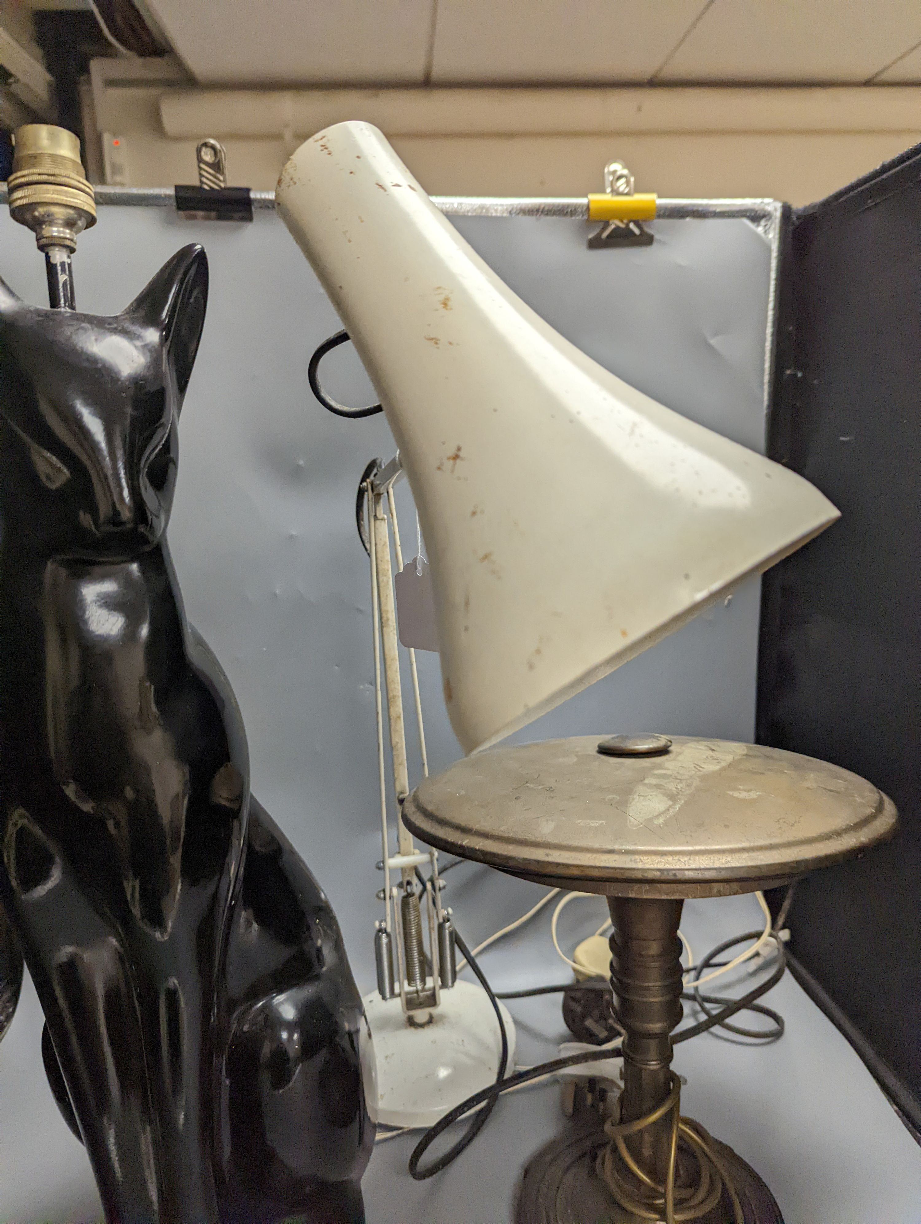 A Sunlight table lamp, Anglepoise lamp and large cat lamp